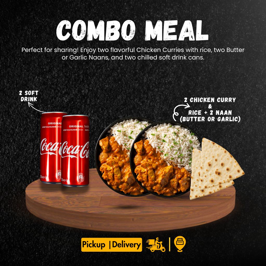 Meal For 2 (2 Chicken Curry + Rice + 2 Naan + 2 Soft Drink)