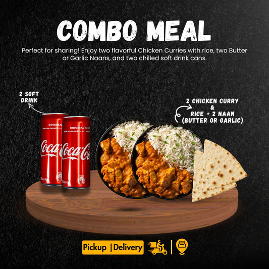 Meal For 2 (2 Chicken Curry + Rice + 2 Naan + 2 Soft Drink)